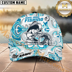 Maxcorners Personalized Mahi-Mahi Fishing Hat with Custom Name, Artistic Blue Water Pattern Cap, Unique Gift for Freshwater Anglers & Outdoor Fishermen