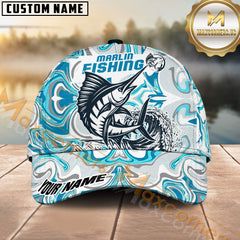 Maxcorners Personalized Marlin Fishing Hat with Custom Name, Artistic Blue Water Pattern Cap, Unique Gift for Freshwater Anglers & Outdoor Fishermen