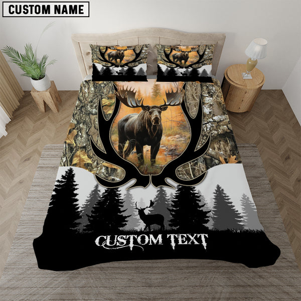 Maxcorners Custom Text Grass Brown Moose Hunting Bedding Set 3D All Over Printed