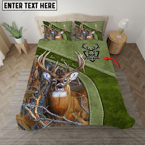 Maxcorners Custom Text Moss Green Deer Hunting Leather Pattern Bedding Set 3D All Over Printed