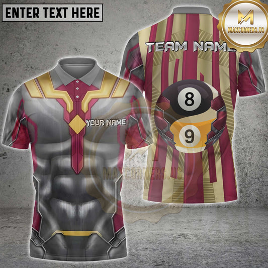 Maxcorners Billiards Mecha Armor Red Gold Yin Yang 8-9 Ball Personalized Name 3D Unisex Shirt