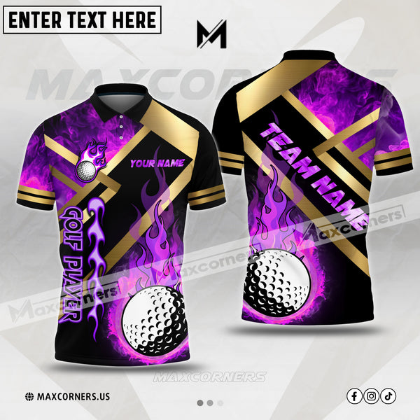 Maxcorners Customized Name Metal And Fire Flame Golf Multicolor Option Custom 3D Polo Shirt