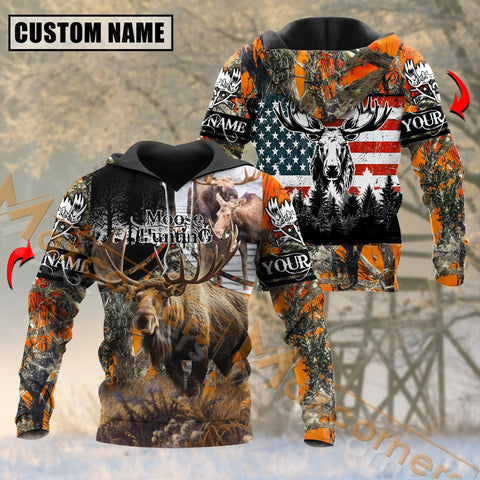 Maxcorners Moose Hunting Wild Pursuit Orange Camouflage Pattern Custom Name Shirt 3D All Over Printed Clothes