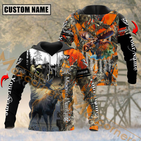 Maxcorners Moose Hunting Orange Camo Pattern Custom Name Shirt 3D All Over Printed Clothes For Hunter