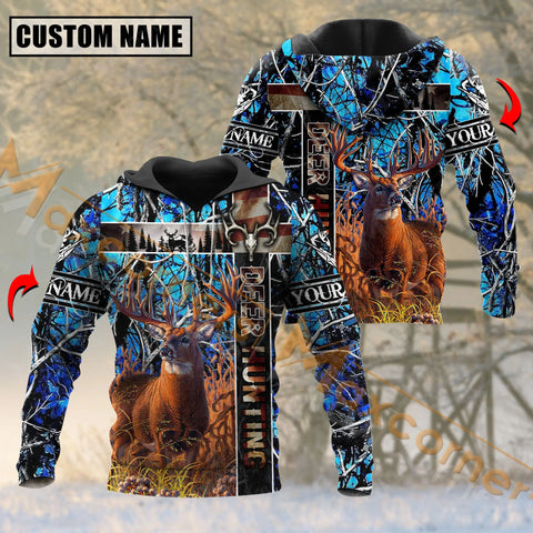 Maxcorners Deer Hunting Vintage USA Flag Blue Camouflage Pattern Custom Name Shirt 3D All Over Printed Clothes