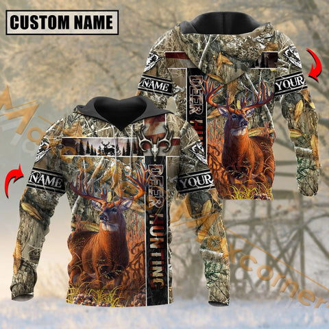 Maxcorners Deer Hunting Vintage USA Flag Grass Brown Camouflage Pattern Custom Name Shirt 3D All Over Printed Clothes