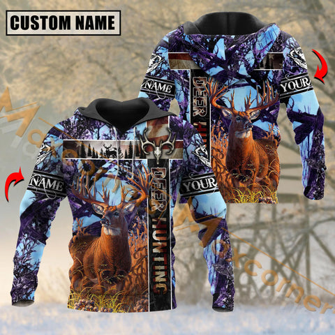 Maxcorners Deer Hunting Vintage USA Flag Purple Camouflage Pattern Custom Name Shirt 3D All Over Printed Clothes