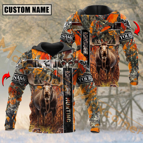 Maxcorners Moose Hunting Vintage USA Flag Orange Camouflage Pattern Custom Name Shirt 3D All Over Printed Clothes