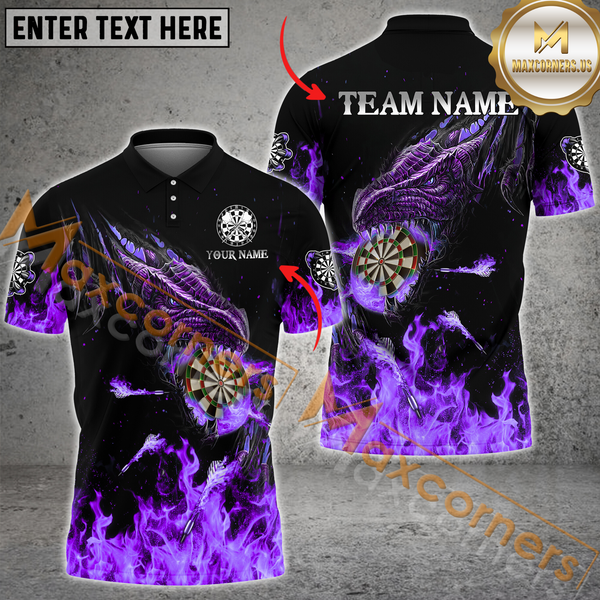 Maxcorners Darts Dragon Flame Multicolor Option Customized Name, Team Name 3D Polo Shirt