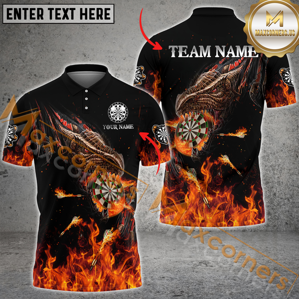 Maxcorners Darts Dragon Flame Multicolor Option Customized Name, Team Name 3D Polo Shirt