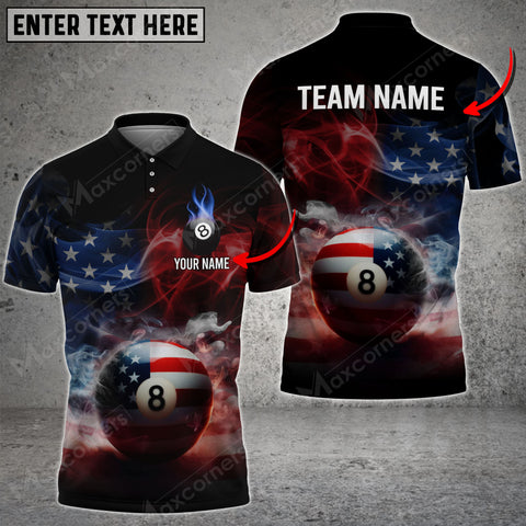 Maxcorners Billiard Flaming 8-Ball Patriot Jersey Customized Name, Team Name 3D Polo Shirt