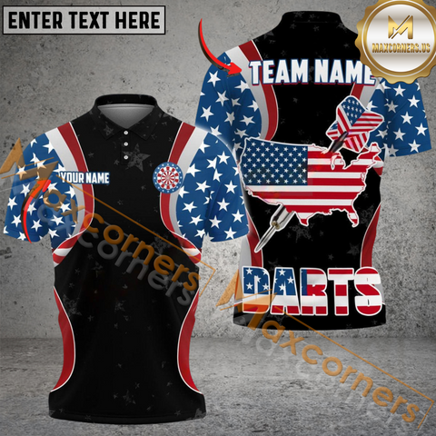 MaxCorners Darts American Team Customized Name, Team Name 3D Zipper Polo Shirt