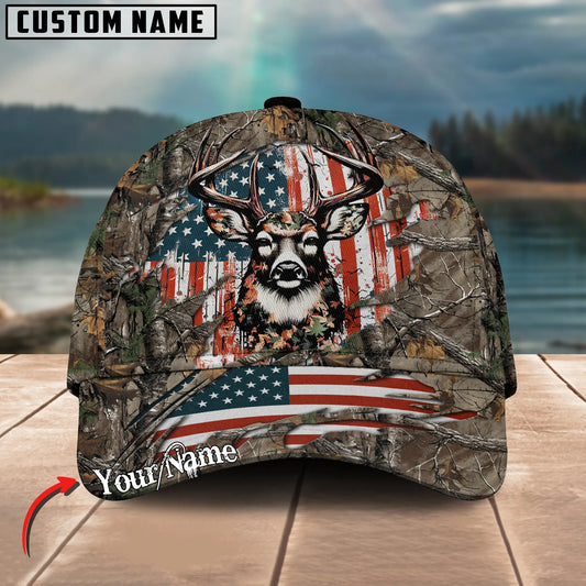 Maxcorners American Flag Vintage Hunting Deer Crack Camo Pattern Multicolor Option Personalized Cap