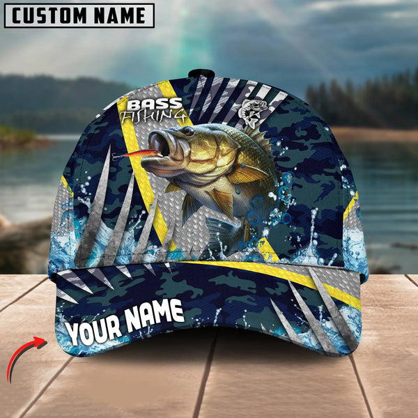 Maxcorners Bass Fishing Cod Water Blue Customized Name 3D Cap