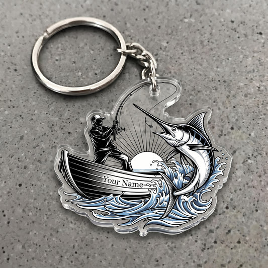 Maxcorners Marlin Fishing Vintage Angler Silhouette Personalized Name 3D Keychain And Ornament