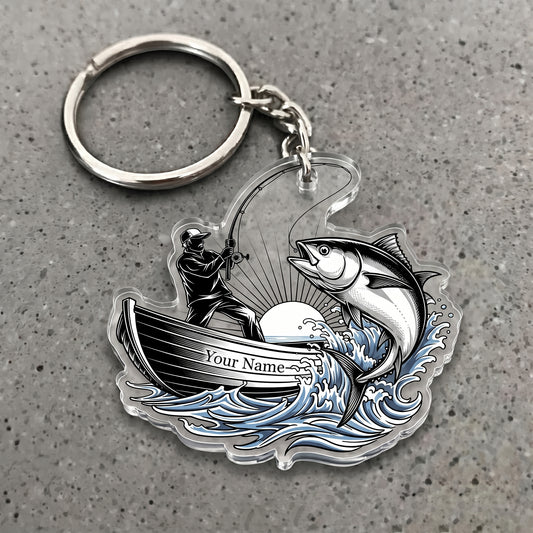 Maxcorners Tuna Fishing Jumping Angler Silhouette Personalized Name 3D Keychain And Ornament