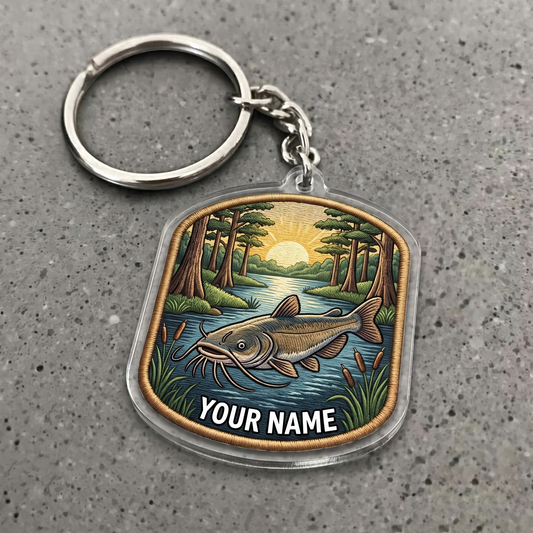 Maxcorners Catfish Fishing Vintage Adventure Patch Personalized Name 3D Keychain And Ornament