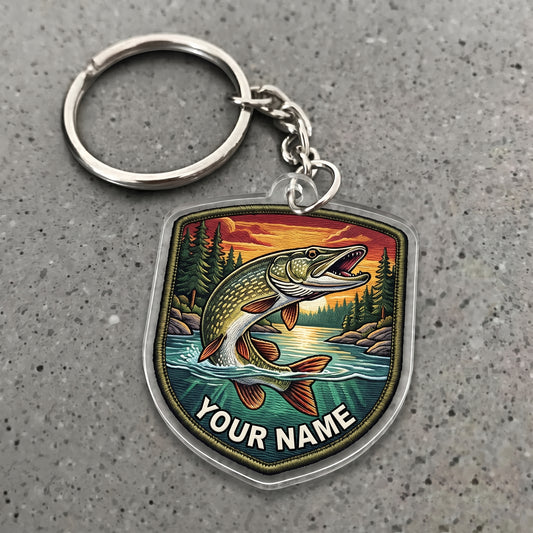 Maxcorners Pike Fishing Vintage Adventure Patch Personalized Name 3D Keychain And Ornament