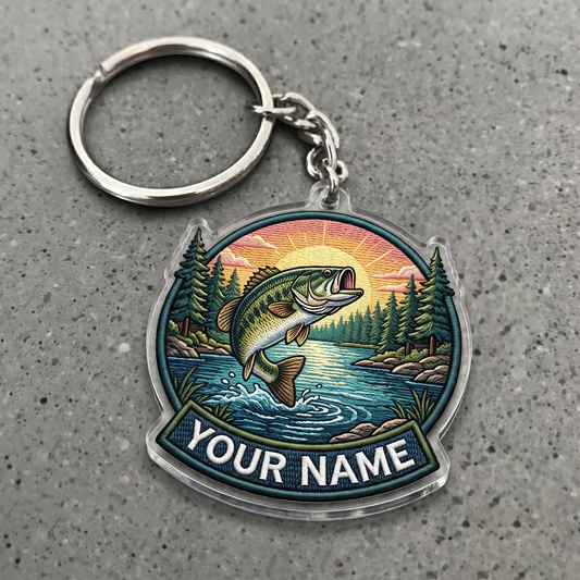Maxcorners Largemouth Bass Fishing Vintage Adventure Patch Personalized Name 3D Keychain And Ornament