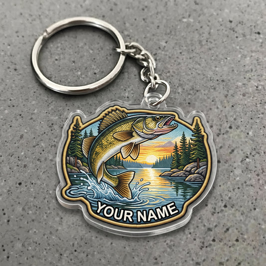 Maxcorners Walleye Fishing Vintage Adventure Patch Personalized Name 3D Keychain And Ornament