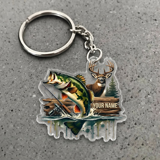 Maxcorners Largemouth Bass Fishing Deer Hunting Personalized Name 3D Keychain And Ornament