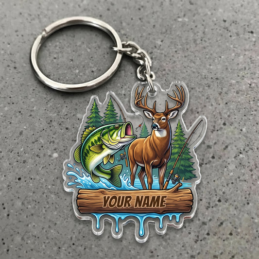 Maxcorners Largemouth Bass Fishing And Deer Forest Personalized Name 3D Keychain And Ornament