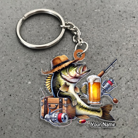 Maxcorners Largemouth Bass Fishing Beer Barrel Personalized Name 3D Keychain And Ornament