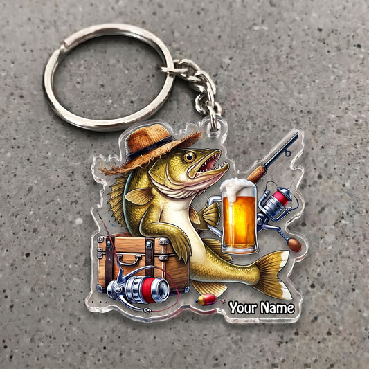 Maxcorners Walleye Fishin Beer Barrel Personalized Name 3D Keychain And Ornament