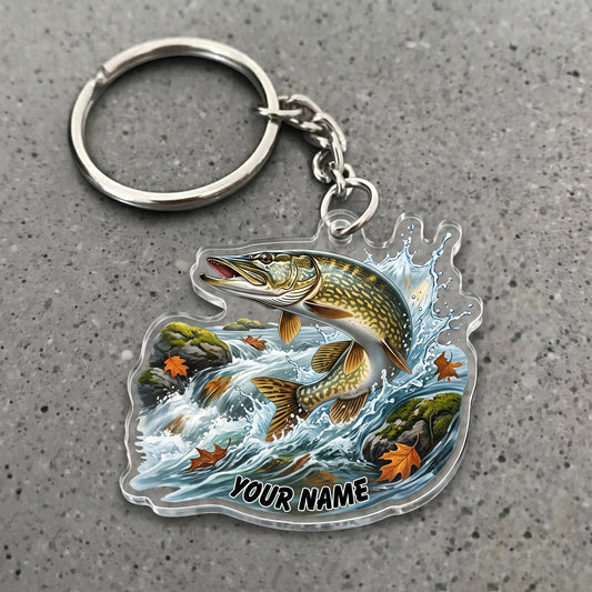 Maxcorners Pike Fishing Autumn Water Splash Personalized Name 3D Keychain And Ornament