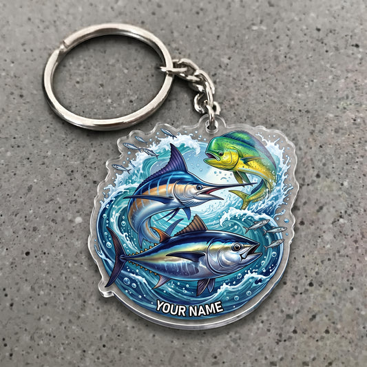 Maxcorners Fishing Tuna, Marlin, Mahi Mahi Ocean Personalized Name 3D Keychain And Ornament