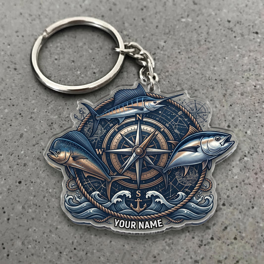 Maxcorners Tuna, Marlin, Mahi Mahi Fishing Nautical Compass Personalized Name 3D Keychain And Ornament