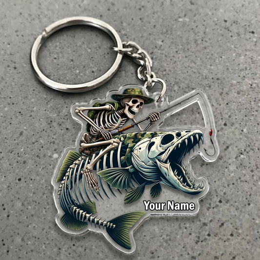 Maxcorners Bass Skull Fishing Skeleton Angler Personalized Name 3D Keychain And Ornament
