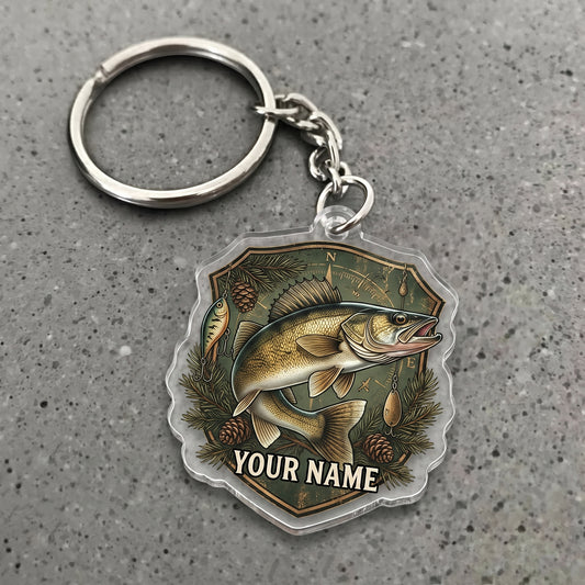 Maxcorners Walleye Fishing Rustic Woodland Personalized Name 3D Keychain And Ornament