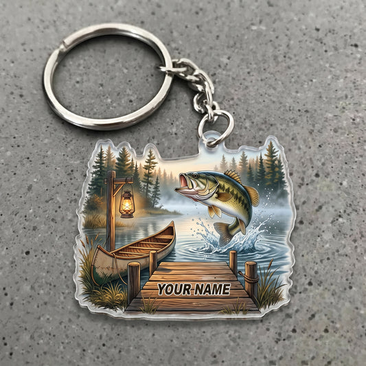 Maxcorners Largemouth Bass Fishing Cozy Cabin Lake Personalized Name 3D Keychain And Ornament