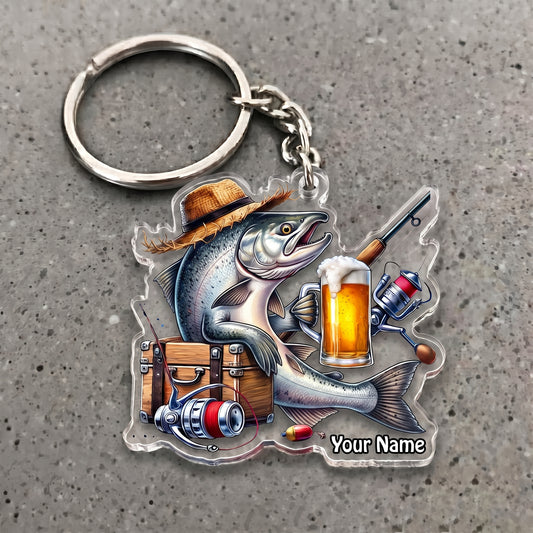 Maxcorners Salmon Fishing Beer Barrel Personalized Name 3D Keychain And Ornament