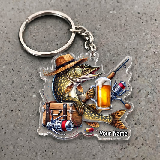 Maxcorners Pike Fishing Beer Barrel Personalized Name 3D Keychain And Ornament