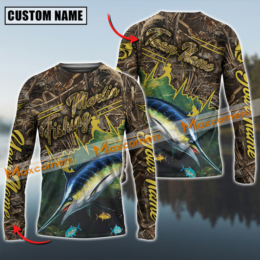 Maxcorners Marlin Fishing Camo Pattern Personalized Name, Team Name Long Sleeve Shirt