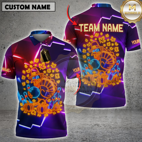Maxcorners Bowling Turkey Thanksgiving Neon Style Personalized Name, Team Name Unisex 3D Shirt