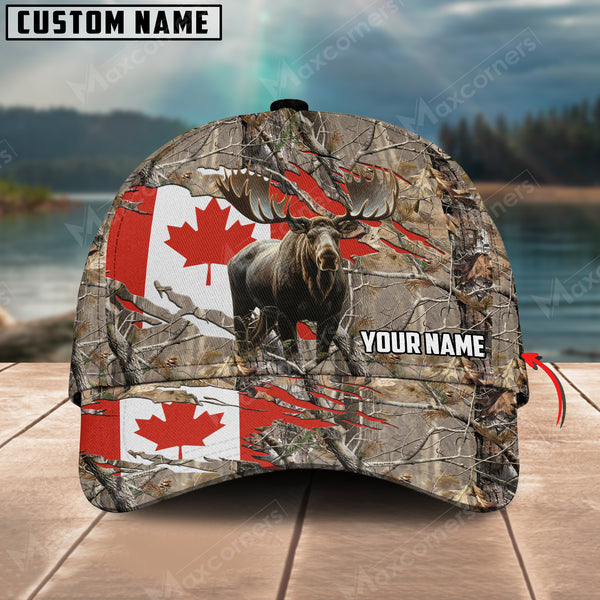 Maxcorners Brown Wilderness Moose Hunting Canadian Flag Personalized Name 3D Cap