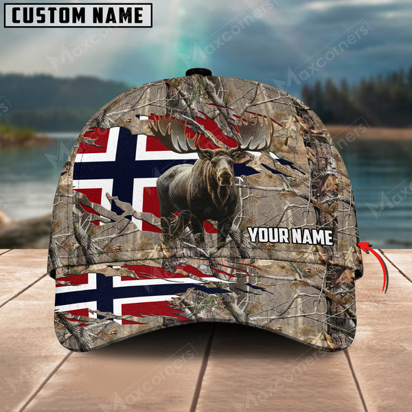 Maxcorners Brown Wilderness Moose Hunting Norway Flag Personalized Name 3D Cap