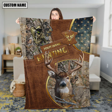 Maxcorners Whitetail Deer Hunting Leather Texture Cross & American Flag Personalized Name 3D Blanket