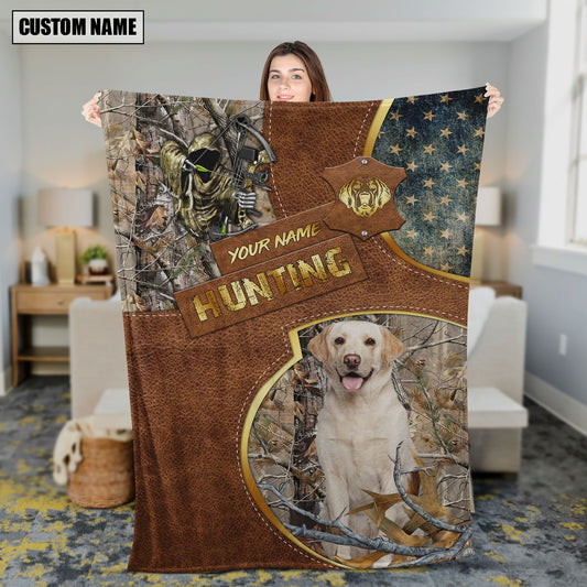 Maxcorners Hunting Dog Leather Texture Cross & American Flag Personalized Name 3D Blanket