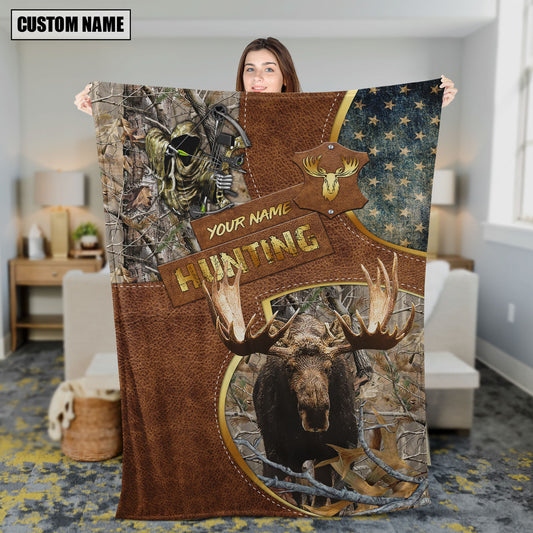 Maxcorners Moose Hunting Leather Texture Cross & American Flag Personalized Name 3D Blanket