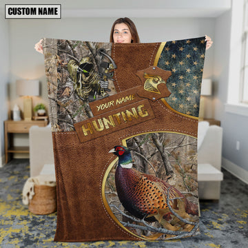 Maxcorners Pheasant Hunting Leather Texture Cross & American Flag Personalized Name 3D Blanket