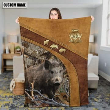 Maxcorners Boar Hunting Leather Stitching Woodland Scene Personalized Name 3D Blanket
