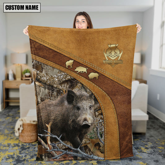 Maxcorners Boar Hunting Leather Stitching Woodland Scene Personalized Name 3D Blanket