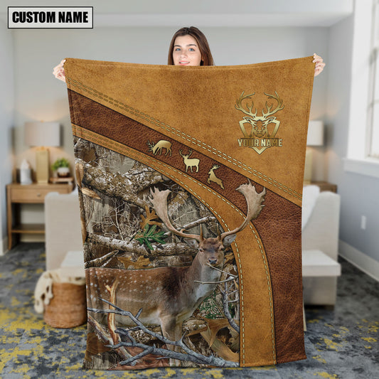 Maxcorners Fallow Deer Hunting Leather Stitching Woodland Scene Personalized Name 3D Blanket