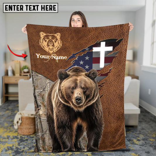 Maxcorners Bear Hunting Leather Texture Cross & American Flag Personalized Name 3D Blanket