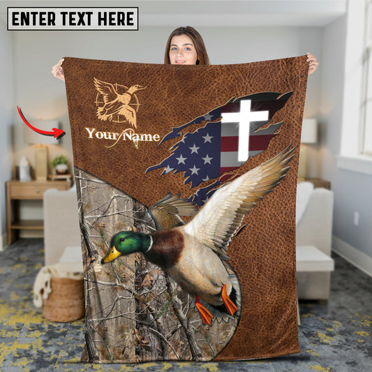 Maxcorners Duck Hunting Leather Texture Cross & American Flag Personalized Name 3D Blanket