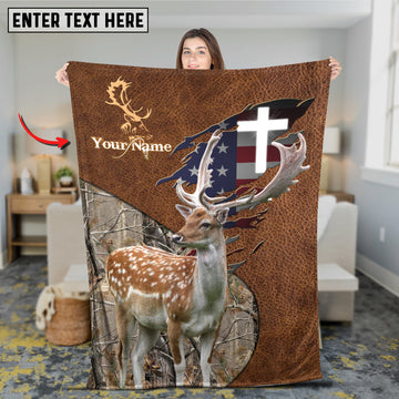 Maxcorners Fallow Deer Hunting Leather Texture Cross & American Flag Personalized Name 3D Blanket